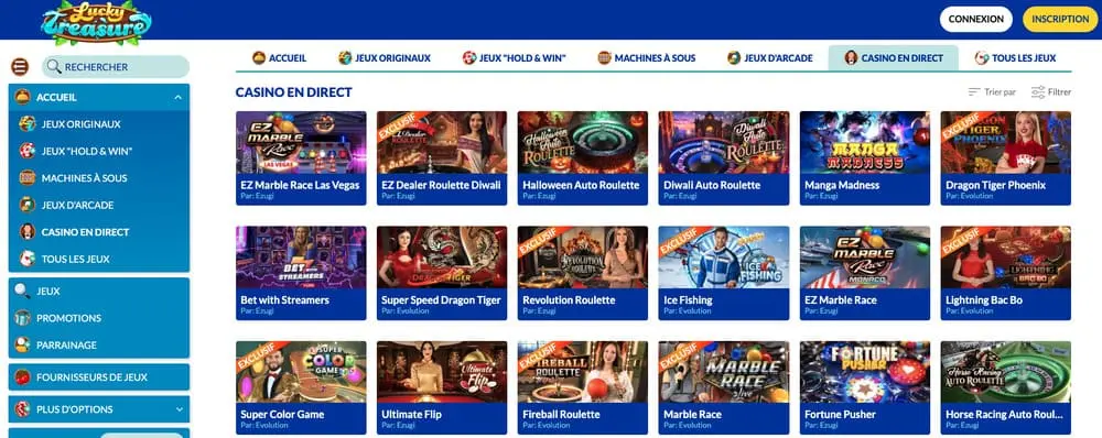 Lucky Treasure Casino — Fournisseurs de jeux : Betsoft 232, BF Games 160, Evolution 361, Ezugi 85, KA Gaming 897, Netent 176, Nolimitcity 125