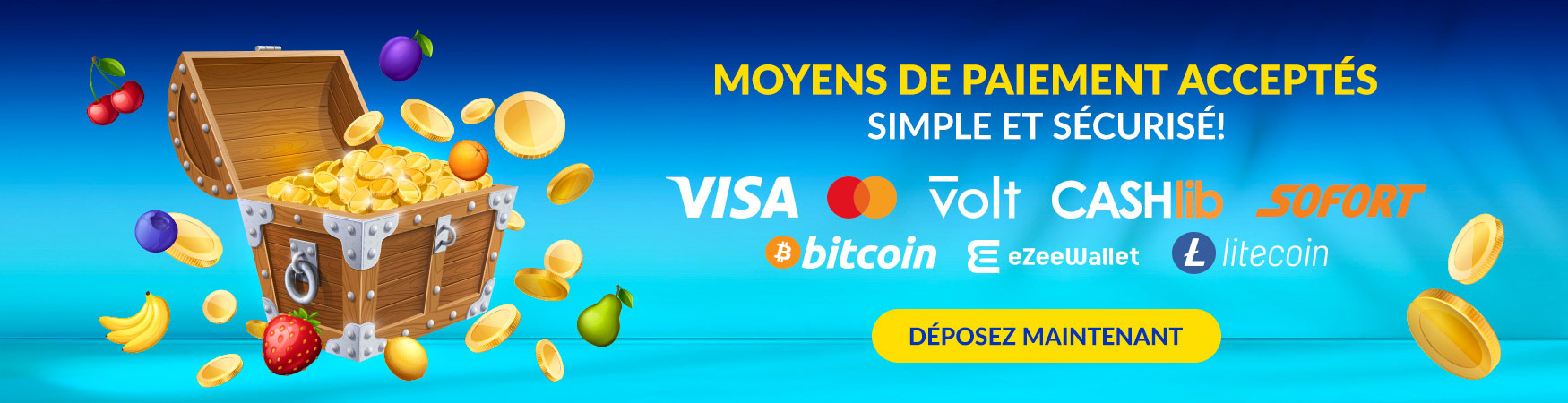 Lucky Treasure Casino — Moyens de paiement : Visa, Mastercard, Volt, CashLib, Sofort, Bitcoin, eZeeWallet, Litecoin — Simple et Sécurisé!