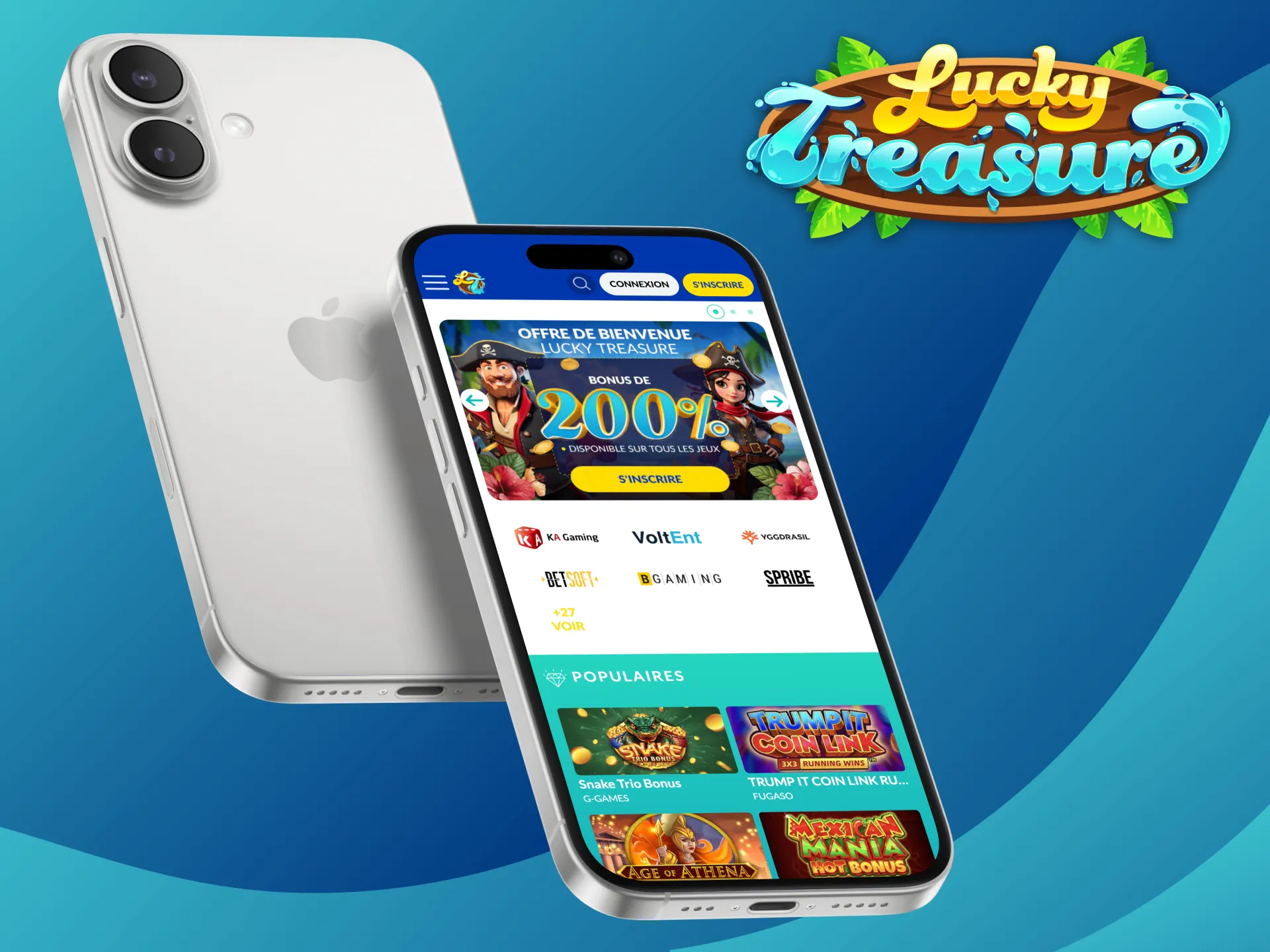 Lucky Treasure Casino — Interface mobile : bonus 200%, studios partenaires KA Gaming, VoltEnt, Yggdrasil, Betsoft, B Gaming, Spribe